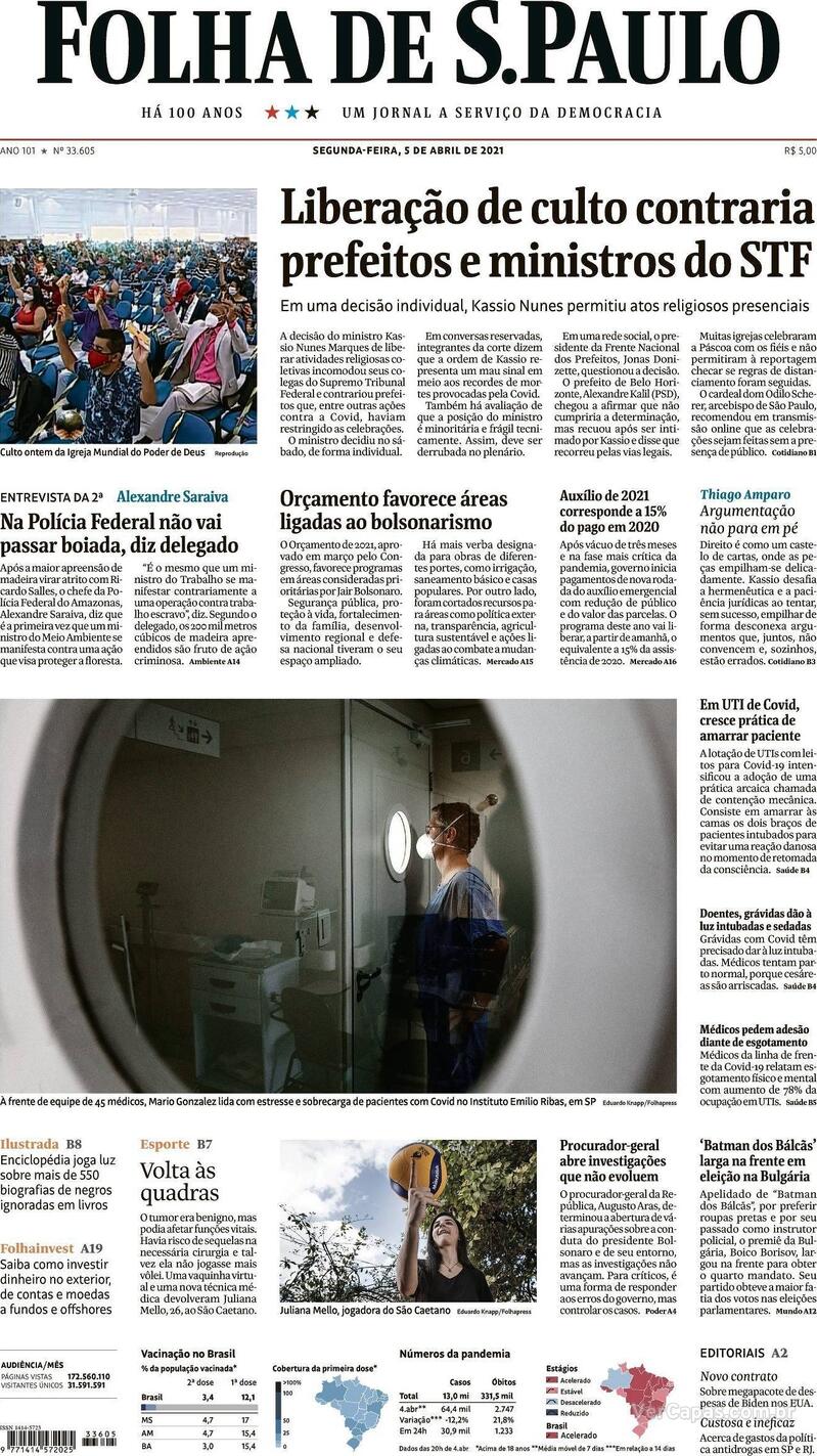 Capa do jornal Folha de S.Paulo 05/04/2021