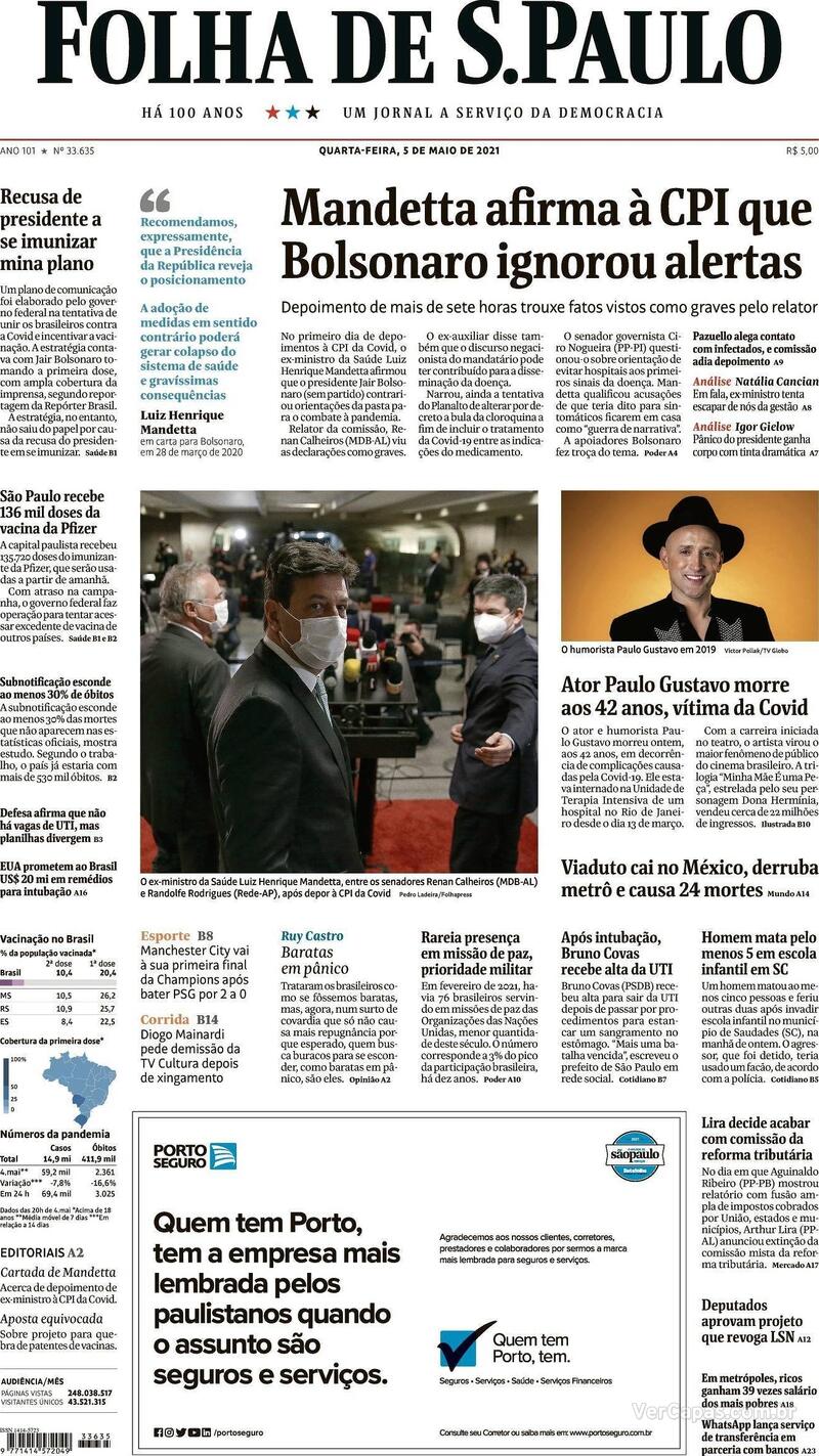 Capa do jornal Folha de S.Paulo 05/05/2021