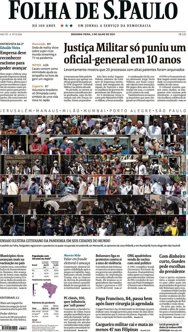 Capa do jornal Folha de S.Paulo 05/07/2021