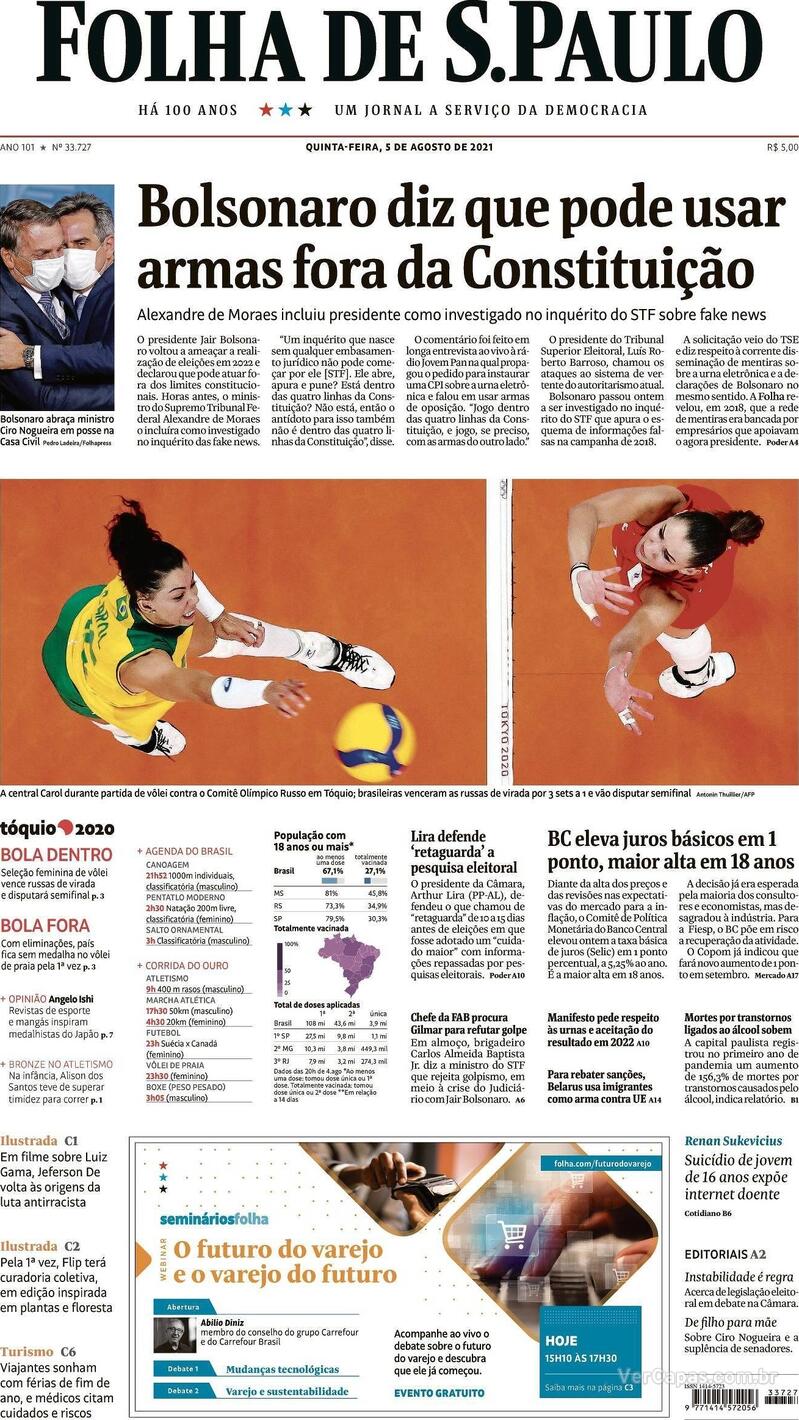 Capa do jornal Folha de S.Paulo 05/08/2021