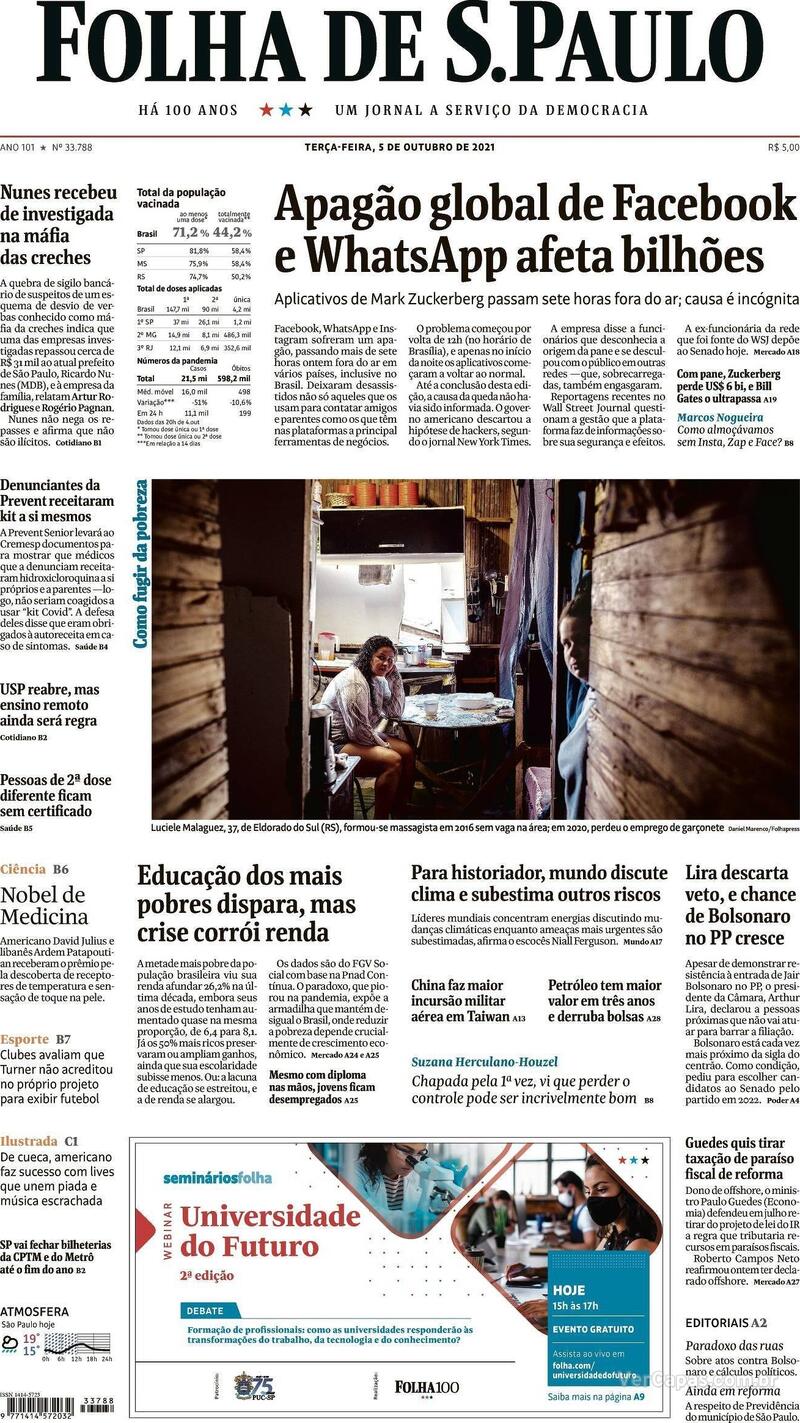 Capa do jornal Folha de S.Paulo 05/10/2021