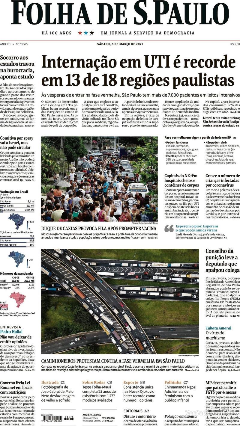 Capa do jornal Folha de S.Paulo 06/03/2021