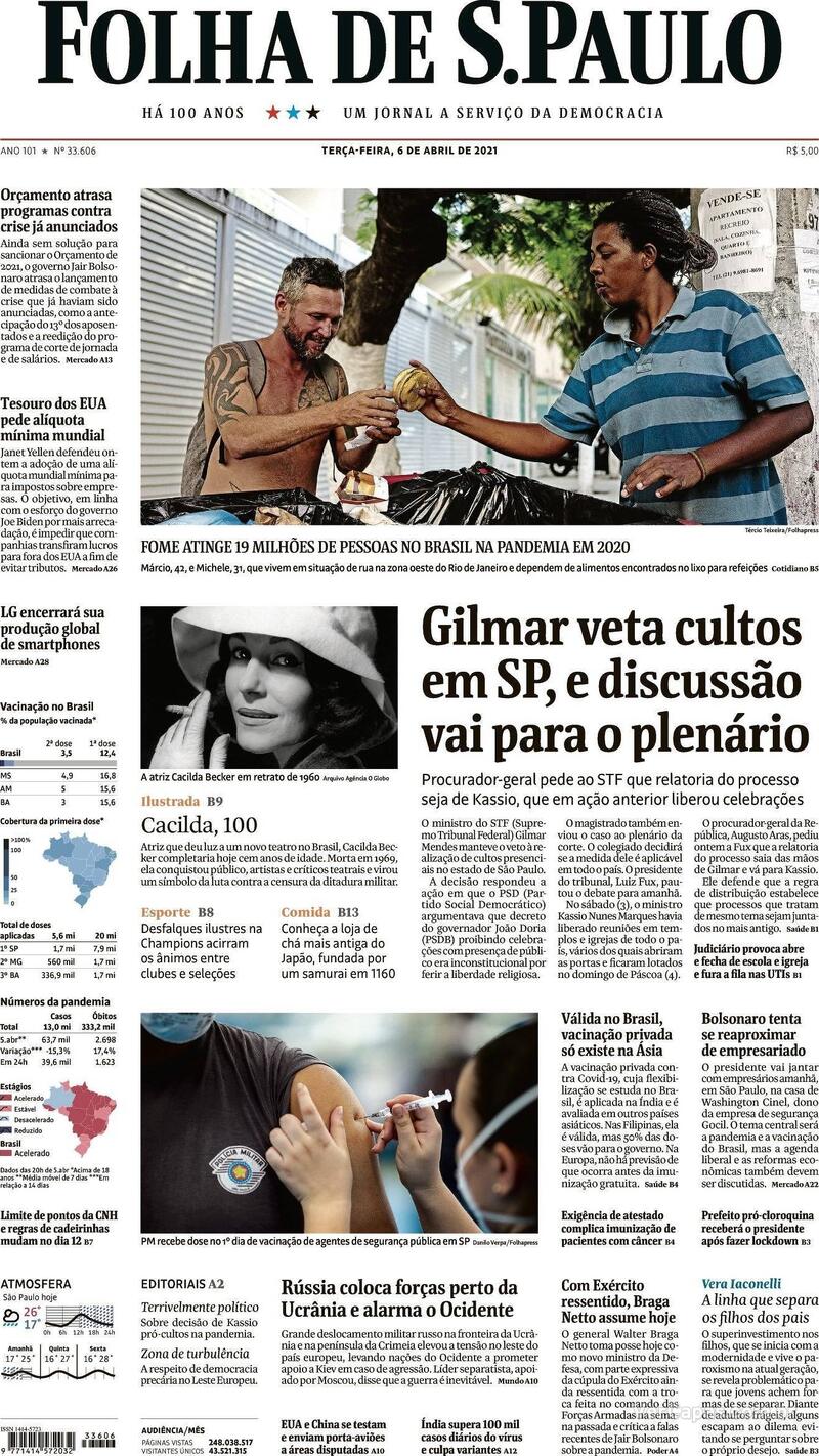 Capa do jornal Folha de S.Paulo 06/04/2021