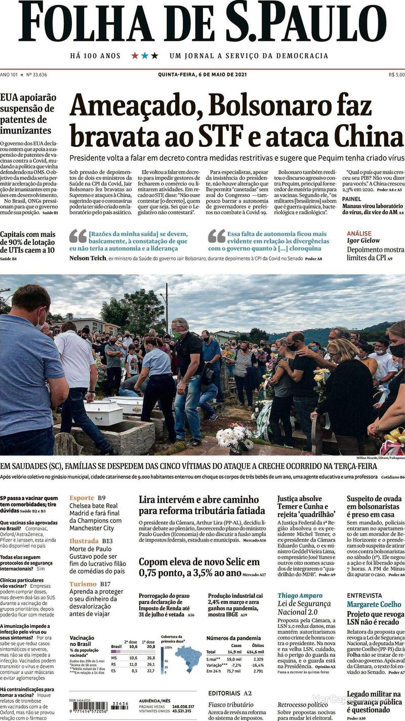 Capa do jornal Folha de S.Paulo 06/05/2021
