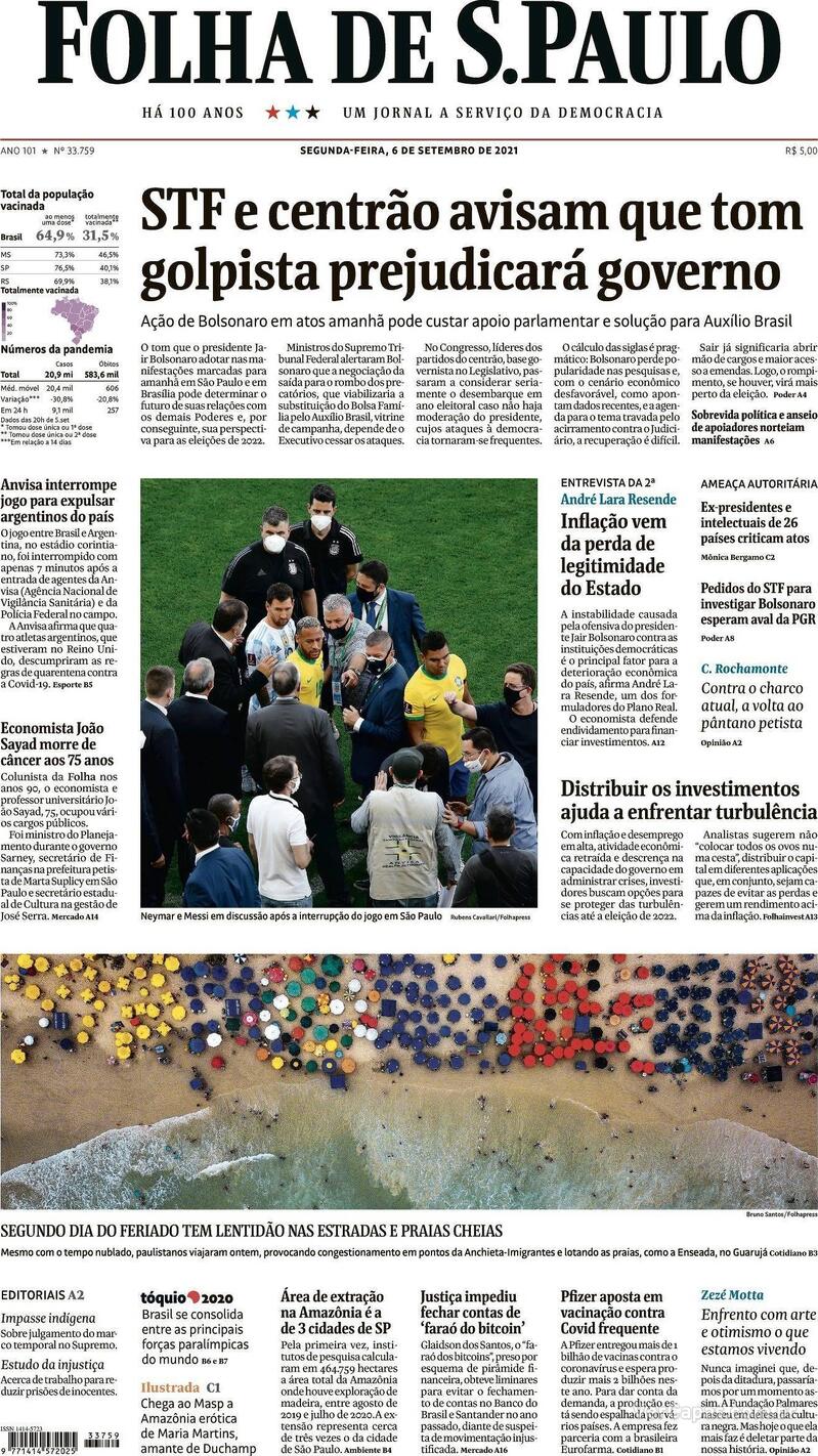 Capa do jornal Folha de S.Paulo 06/09/2021
