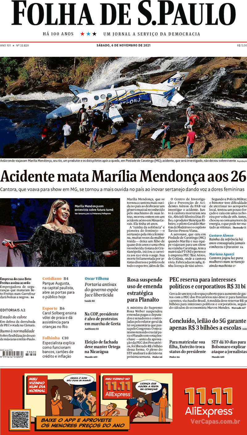 Capa do jornal Folha de S.Paulo 06/11/2021