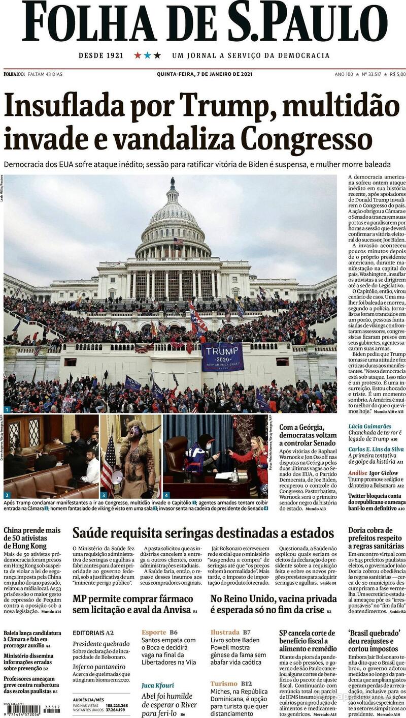 Capa do jornal Folha de S.Paulo 07/01/2021