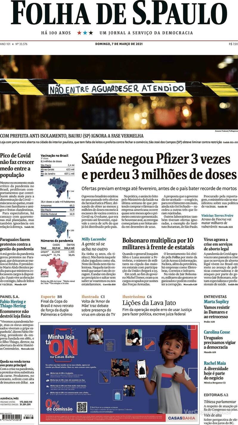 Capa do jornal Folha de S.Paulo 07/03/2021