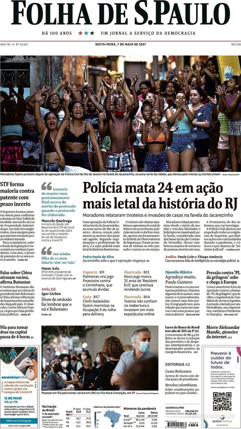 Capa do jornal Folha de S.Paulo 07/05/2021