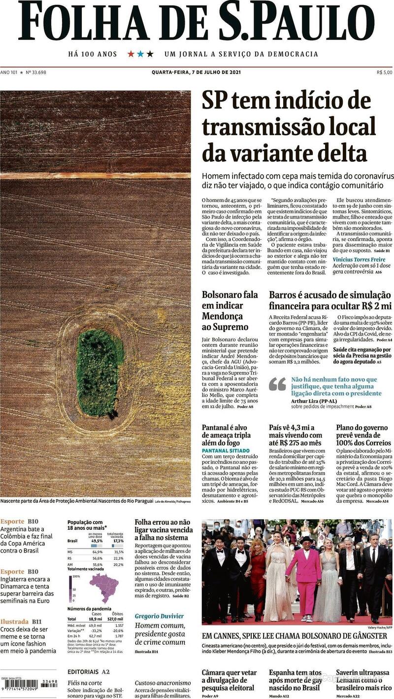 Capa do jornal Folha de S.Paulo 07/07/2021