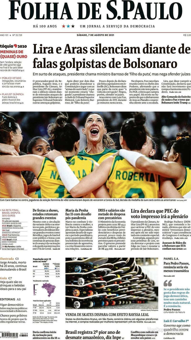 Capa do jornal Folha de S.Paulo 07/08/2021