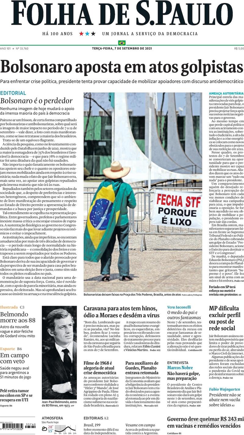 Capa do jornal Folha de S.Paulo 07/09/2021