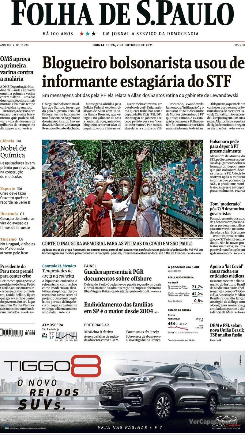 Capa do jornal Folha de S.Paulo 07/10/2021