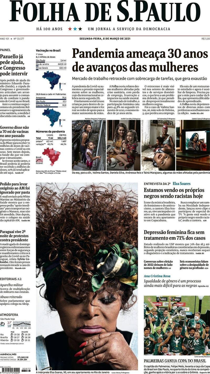 Capa do jornal Folha de S.Paulo 08/03/2021