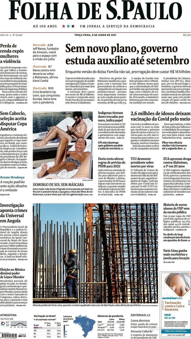 Capa do jornal Folha de S.Paulo 08/06/2021