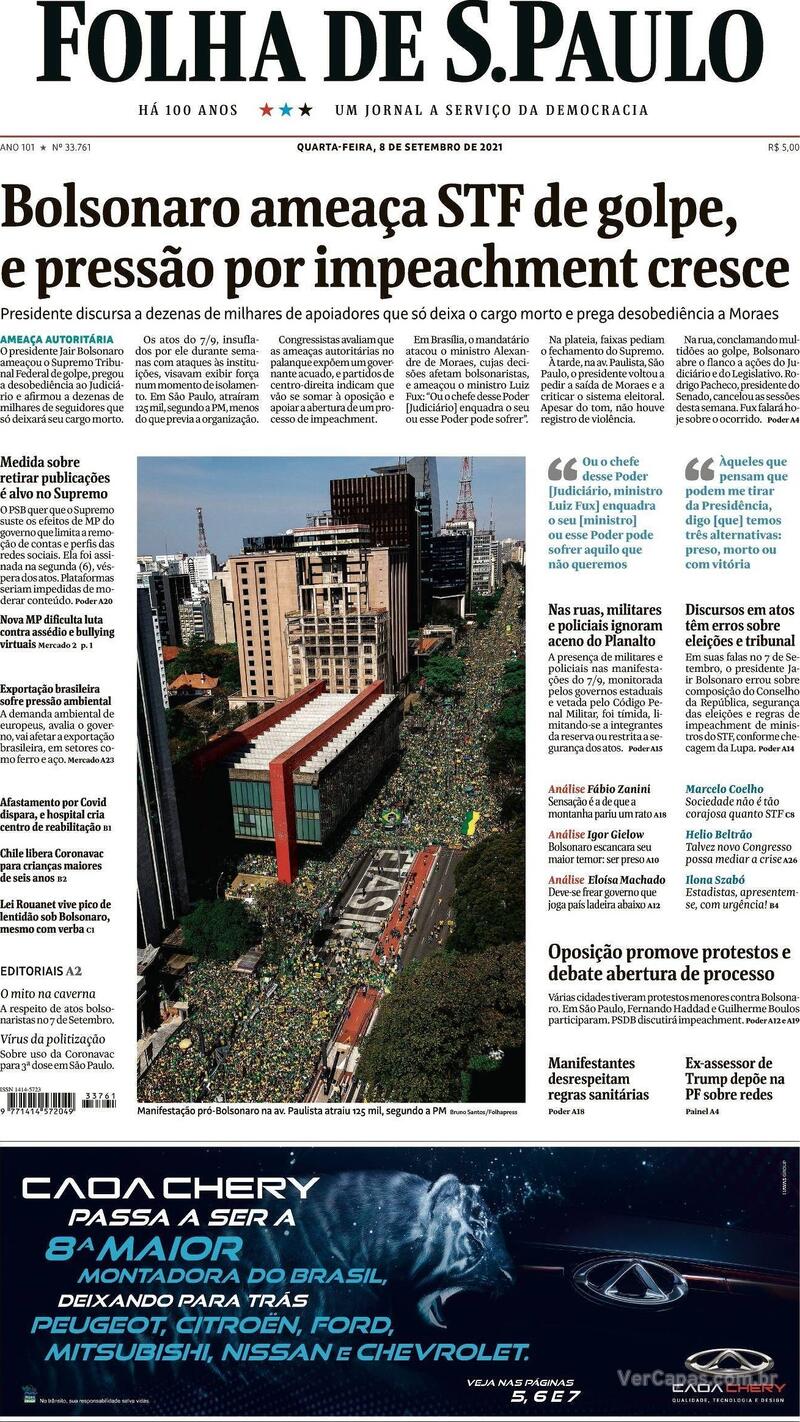 Capa do jornal Folha de S.Paulo 08/09/2021