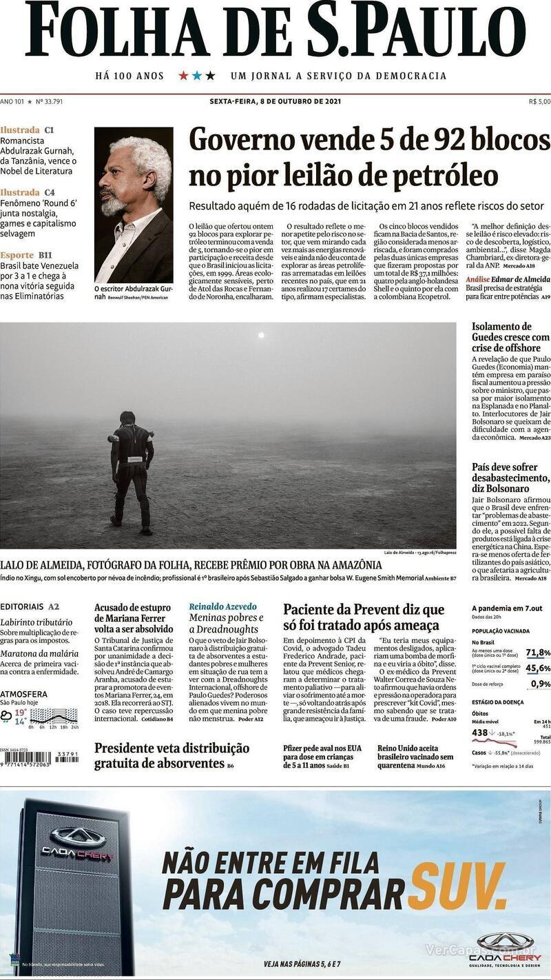 Capa do jornal Folha de S.Paulo 08/10/2021