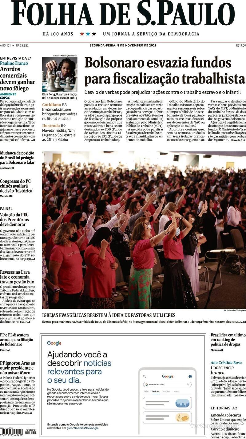 Capa do jornal Folha de S.Paulo 08/11/2021