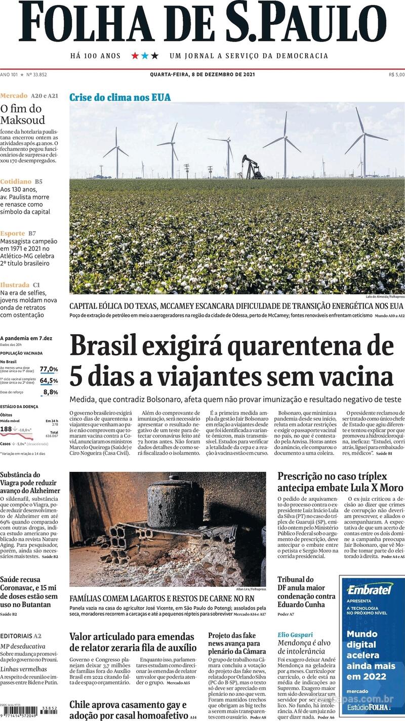Capa do jornal Folha de S.Paulo 08/12/2021