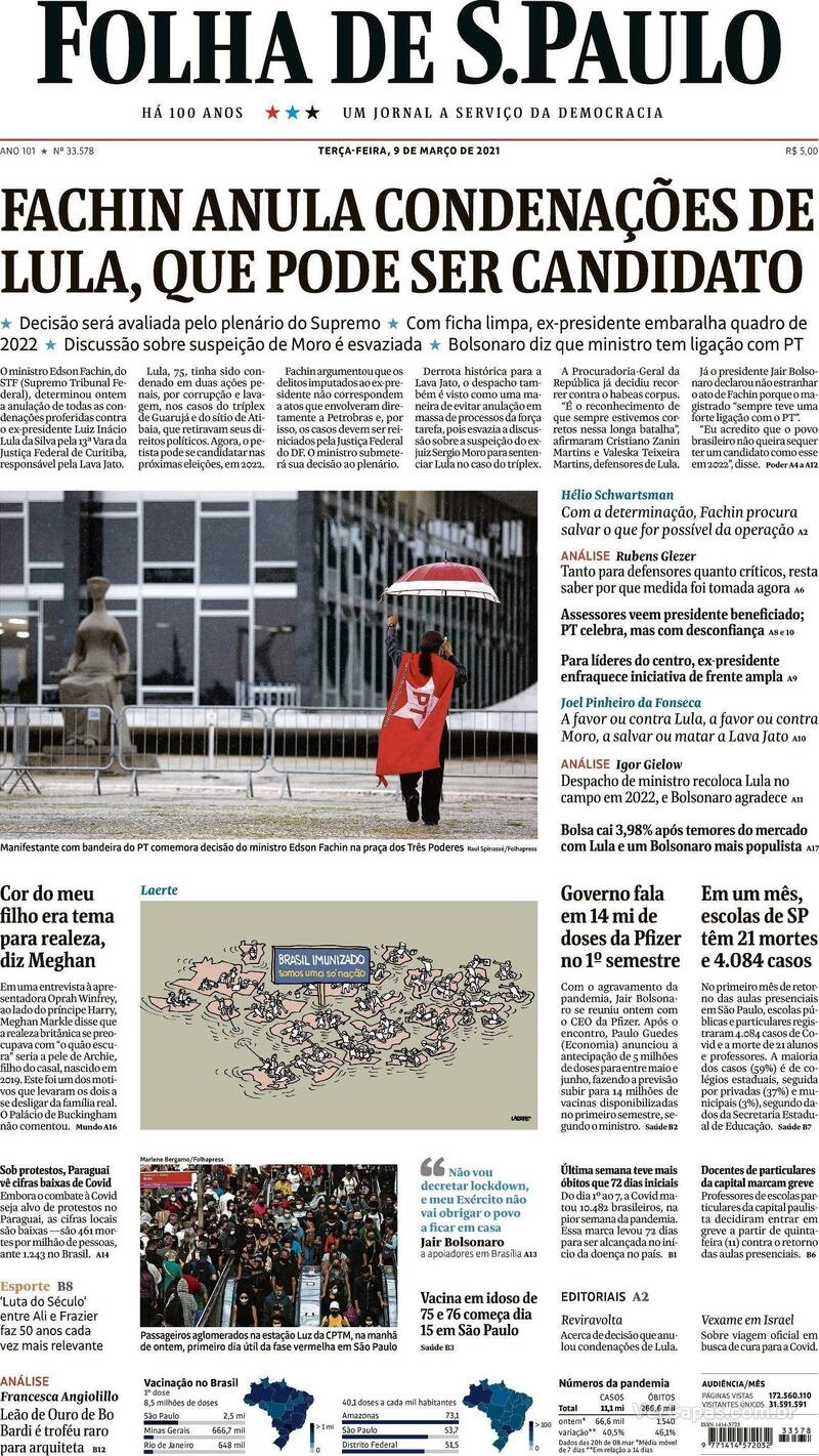 Capa do jornal Folha de S.Paulo 09/03/2021