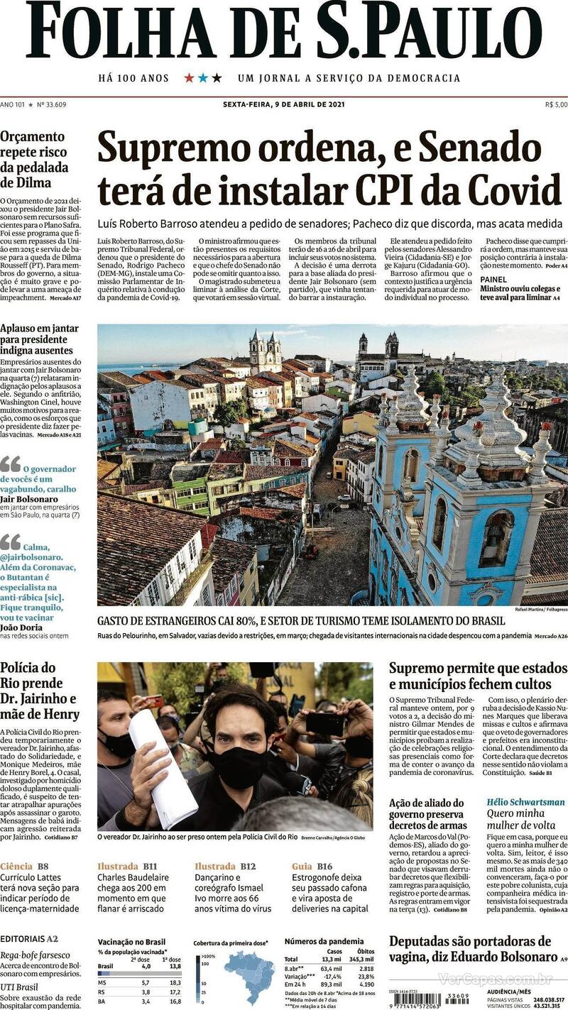 Capa do jornal Folha de S.Paulo 09/04/2021