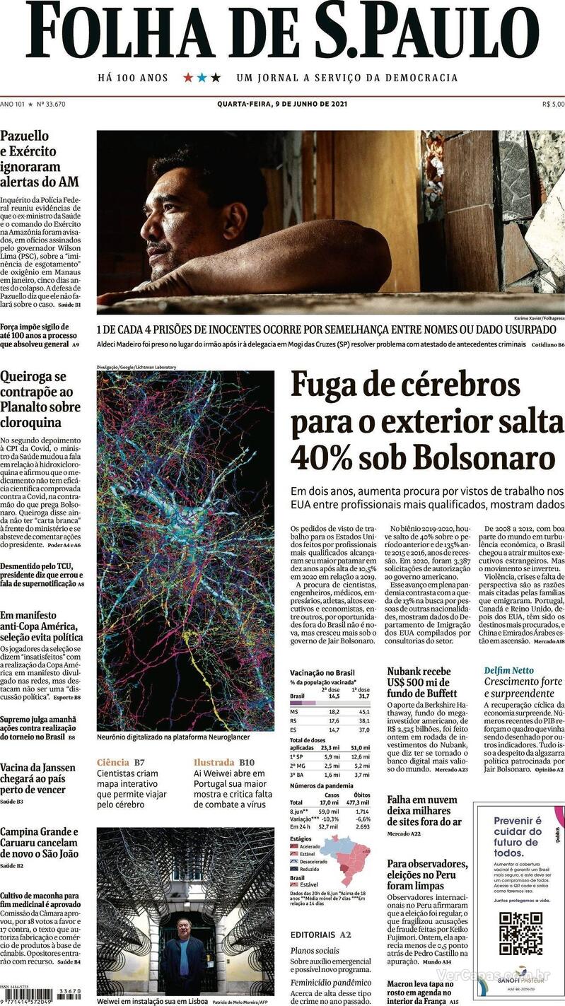 Capa do jornal Folha de S.Paulo 09/06/2021