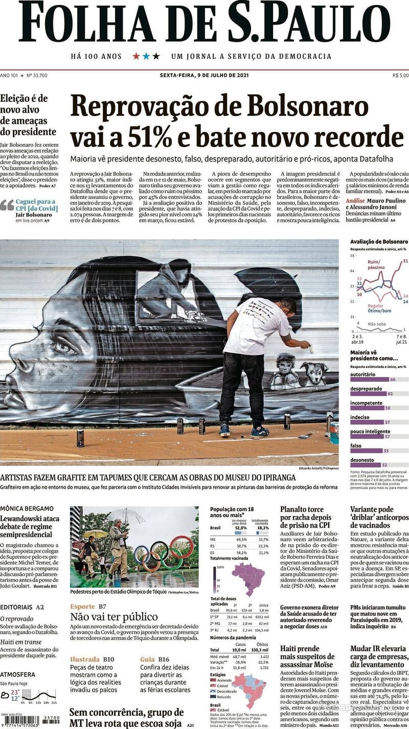 Capa do jornal Folha de S.Paulo 09/07/2021