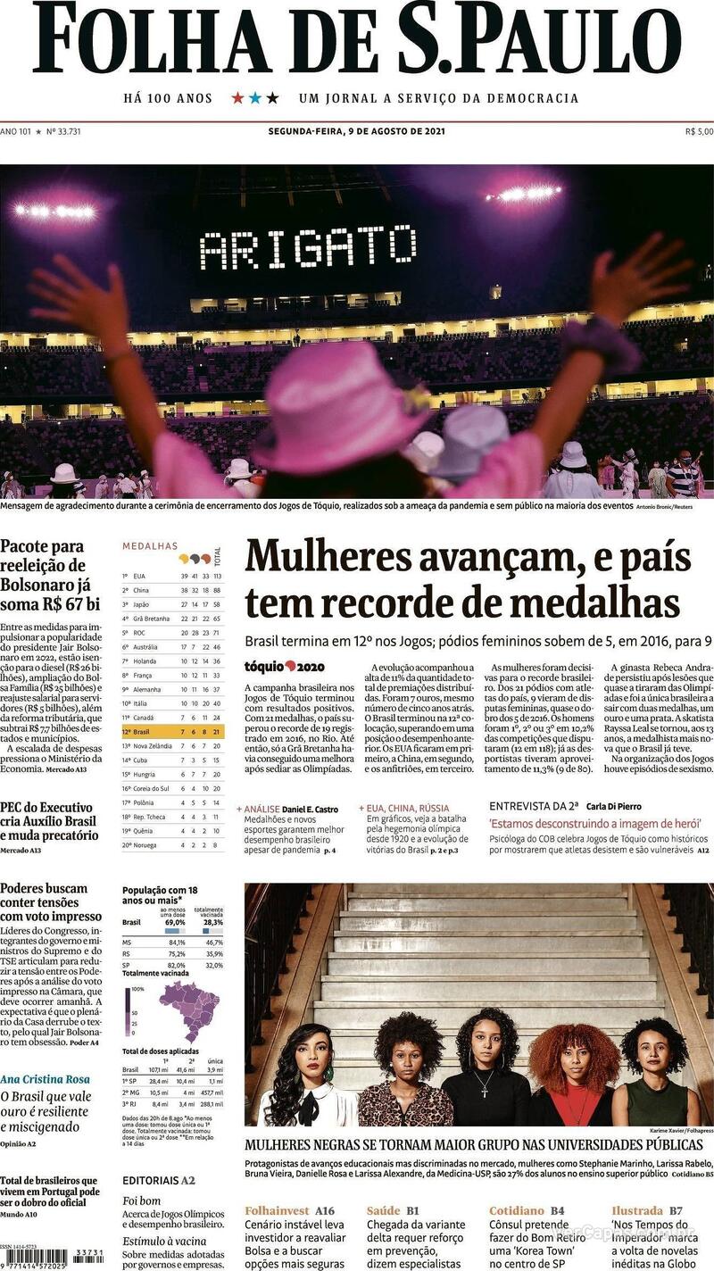 Capa do jornal Folha de S.Paulo 09/08/2021