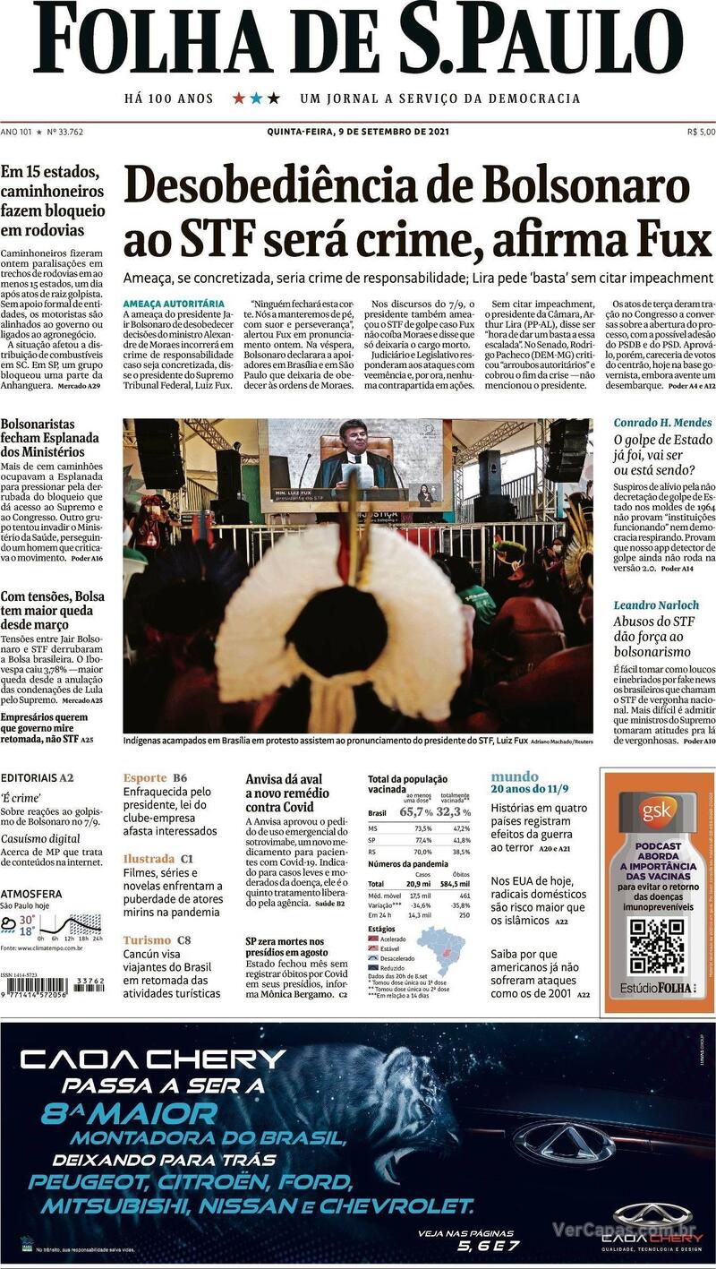 Capa do jornal Folha de S.Paulo 09/09/2021