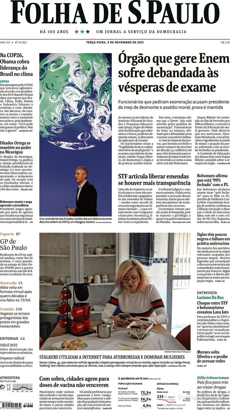 Capa do jornal Folha de S.Paulo 09/11/2021