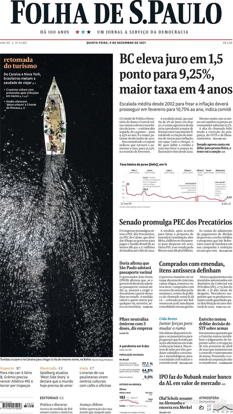 Capa do jornal Folha de S.Paulo 09/12/2021