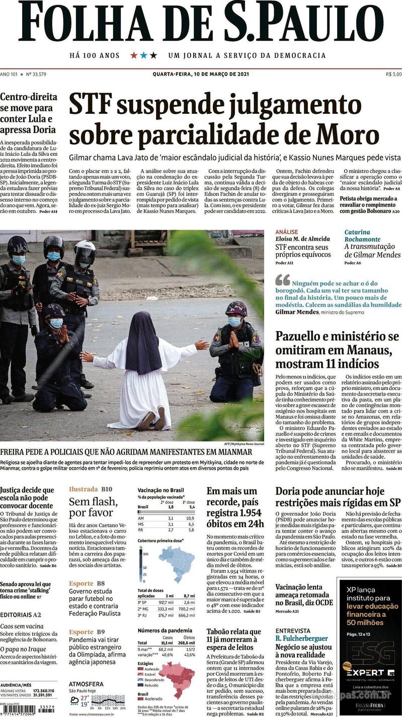 Capa do jornal Folha de S.Paulo 10/03/2021
