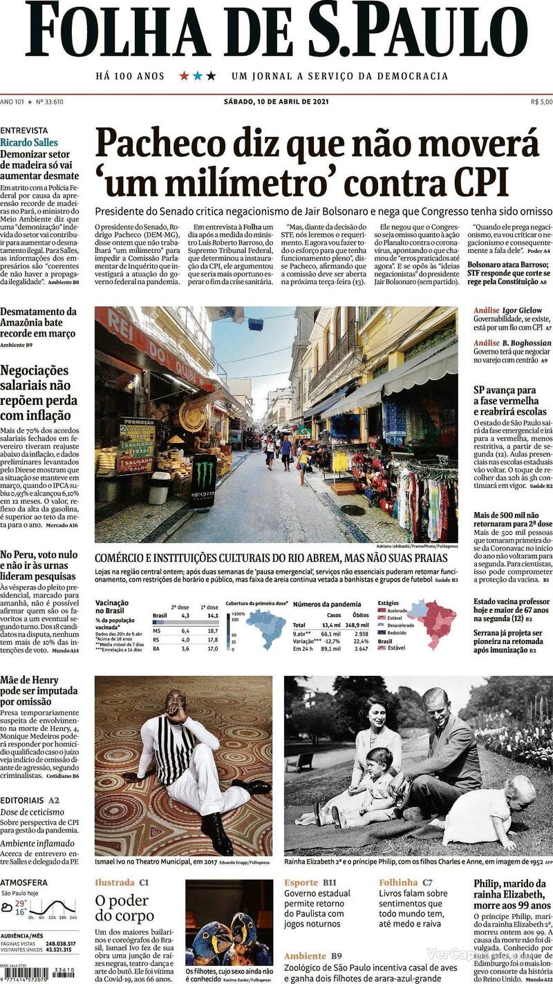 Capa do jornal Folha de S.Paulo 10/04/2021