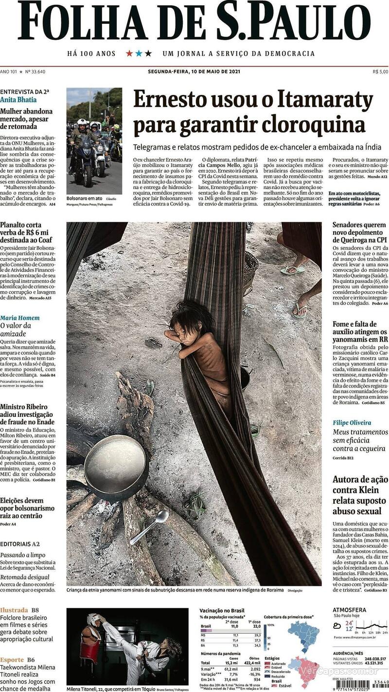 Capa do jornal Folha de S.Paulo 10/05/2021