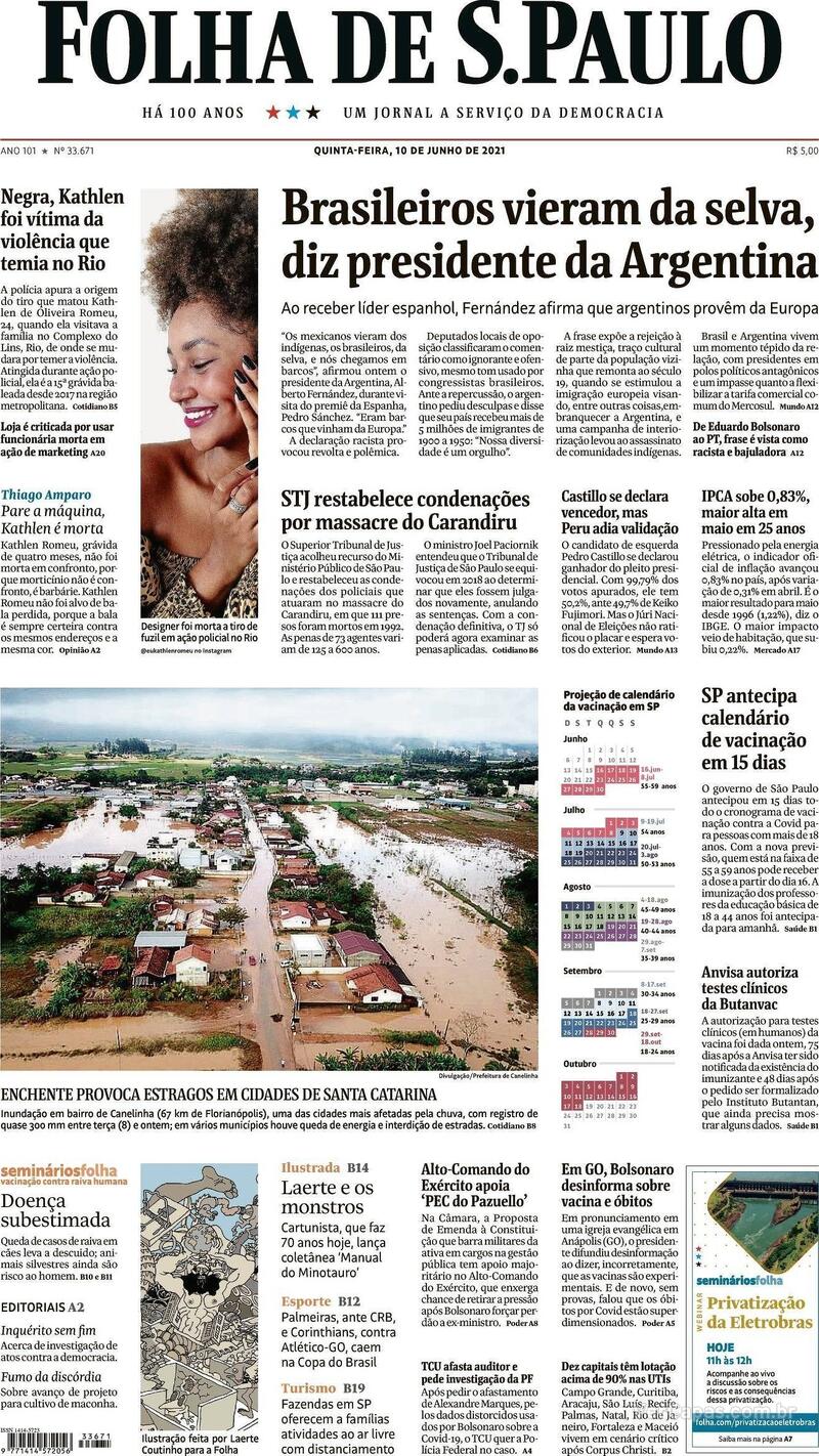Capa do jornal Folha de S.Paulo 10/06/2021