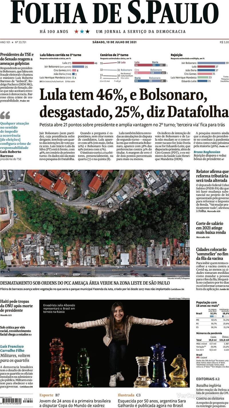 Capa do jornal Folha de S.Paulo 10/07/2021