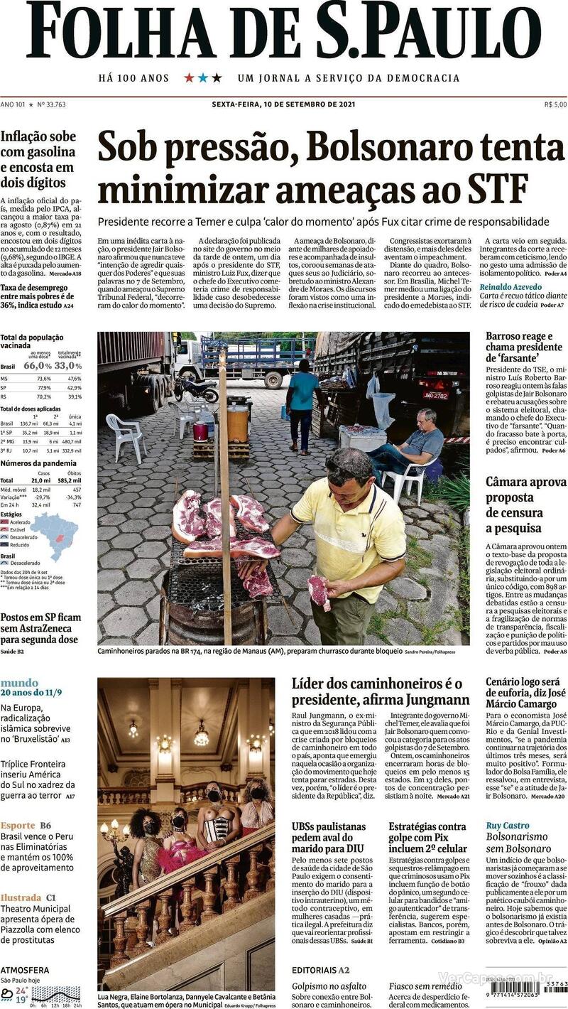 Capa do jornal Folha de S.Paulo 10/09/2021