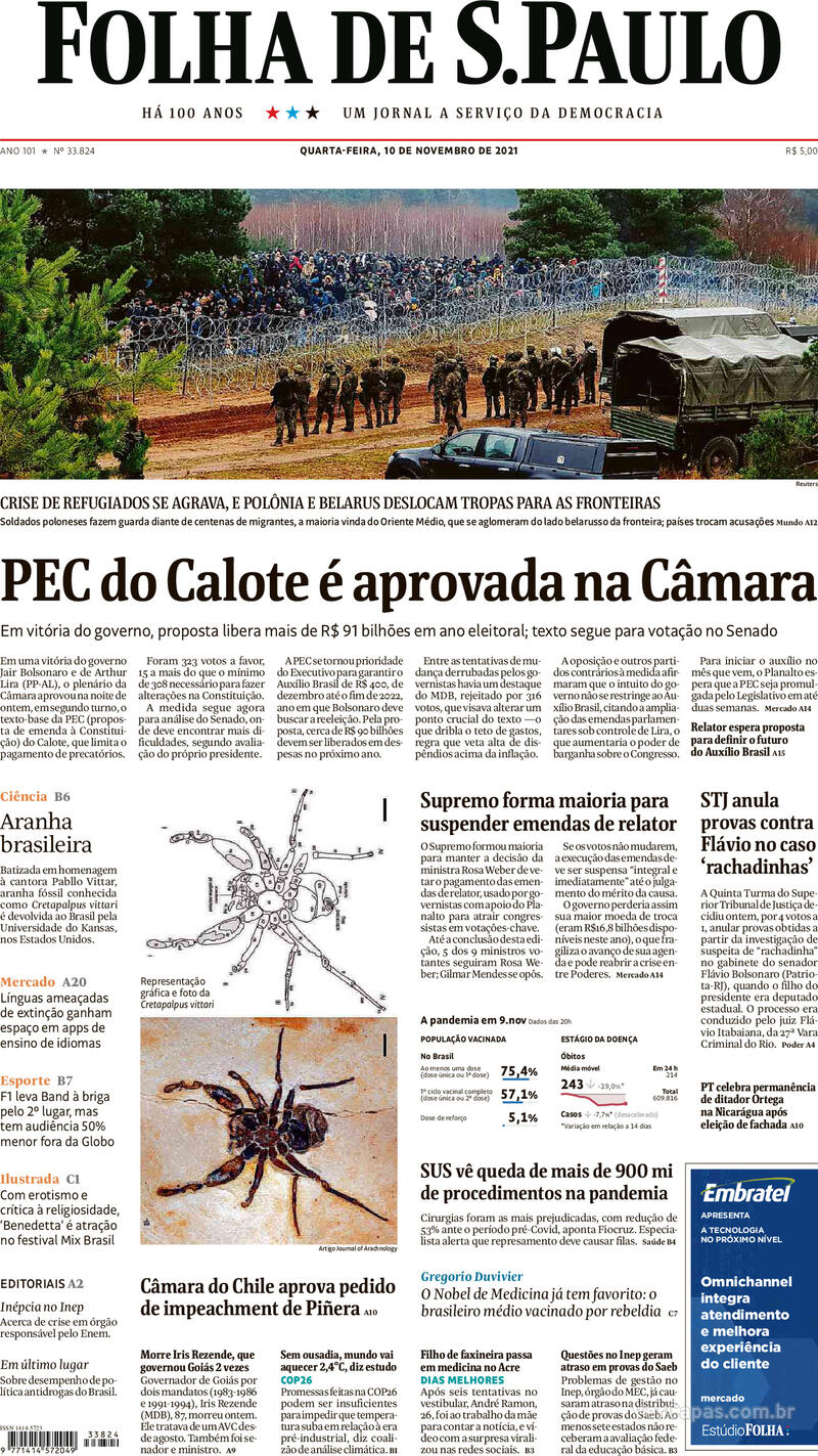 Capa do jornal Folha de S.Paulo 10/11/2021