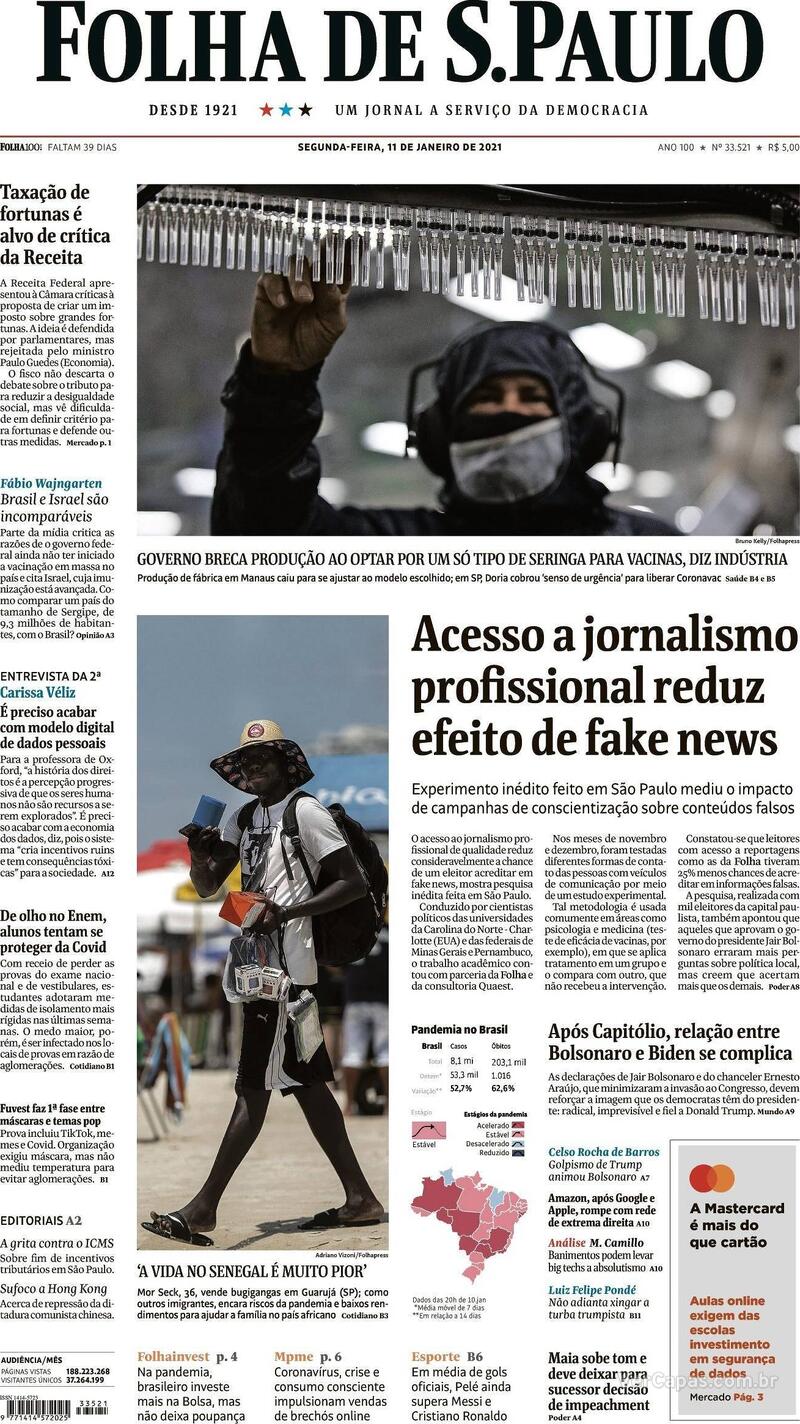 Capa do jornal Folha de S.Paulo 11/01/2021
