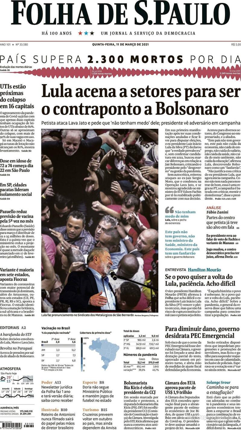 Capa do jornal Folha de S.Paulo 11/03/2021