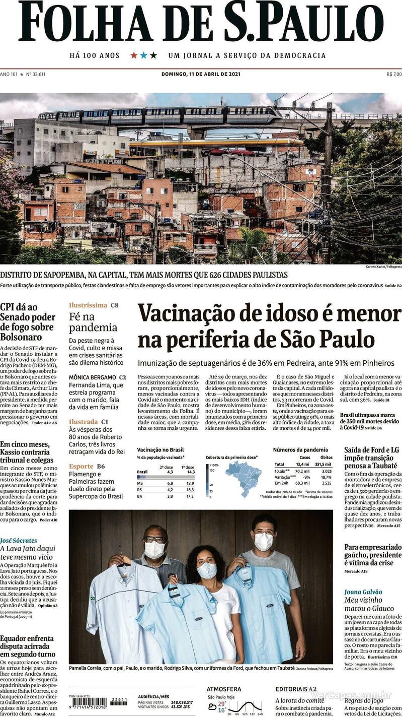 Capa do jornal Folha de S.Paulo 11/04/2021