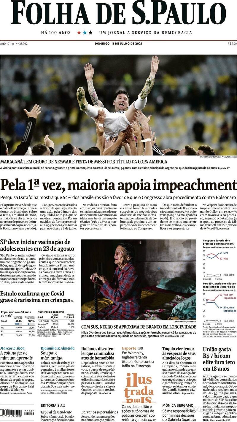 Capa do jornal Folha de S.Paulo 11/07/2021