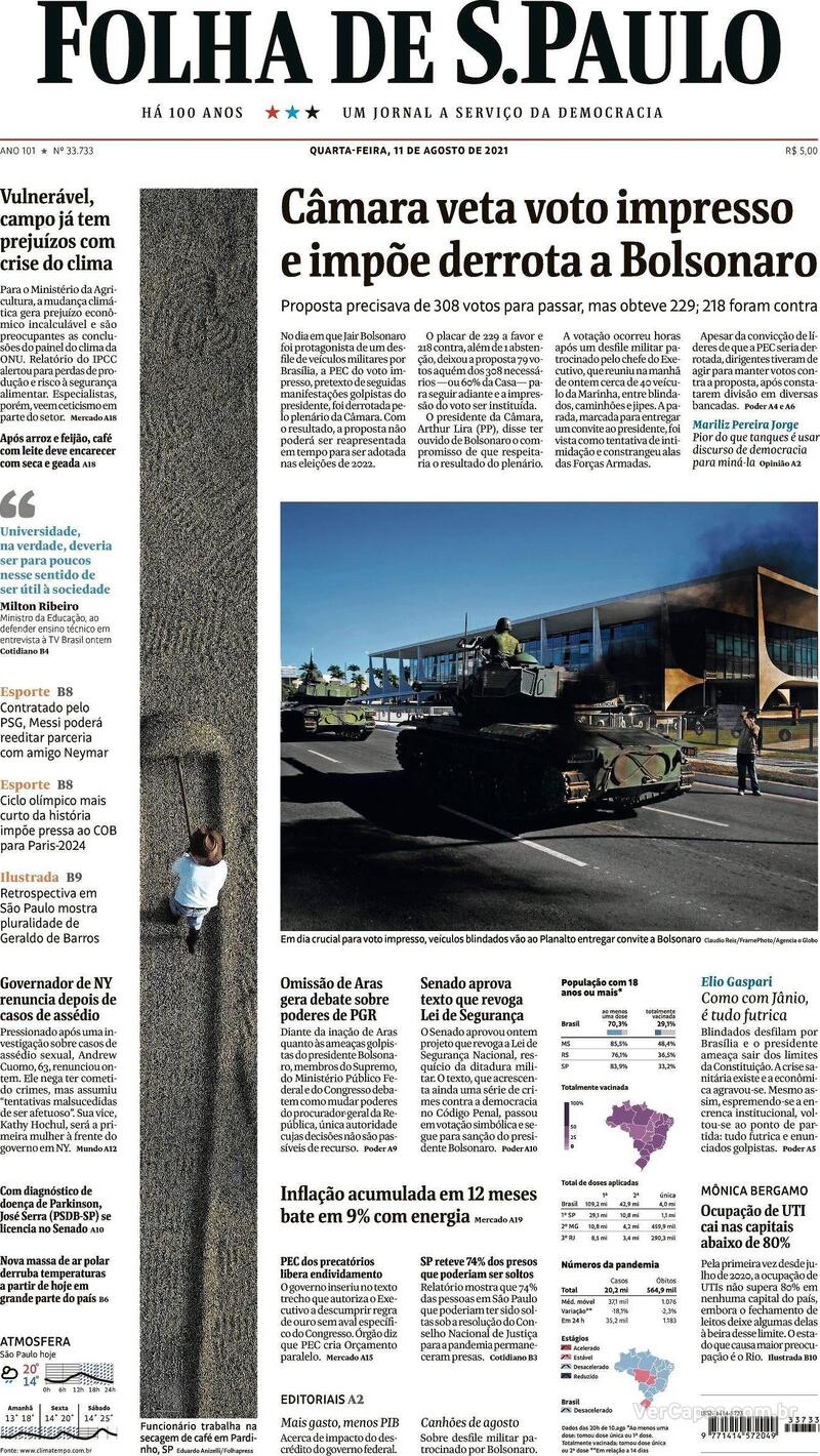 Capa do jornal Folha de S.Paulo 11/08/2021