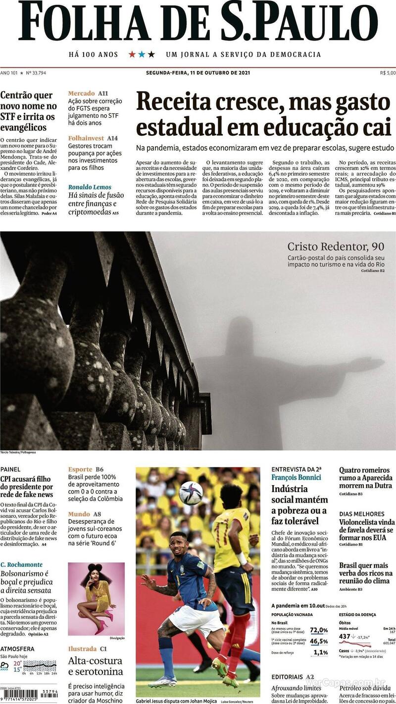 Capa do jornal Folha de S.Paulo 11/10/2021