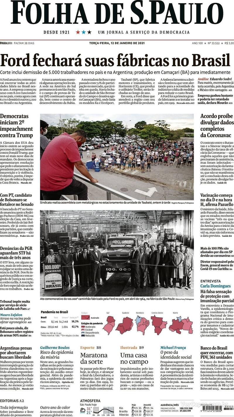 Capa do jornal Folha de S.Paulo 12/01/2021