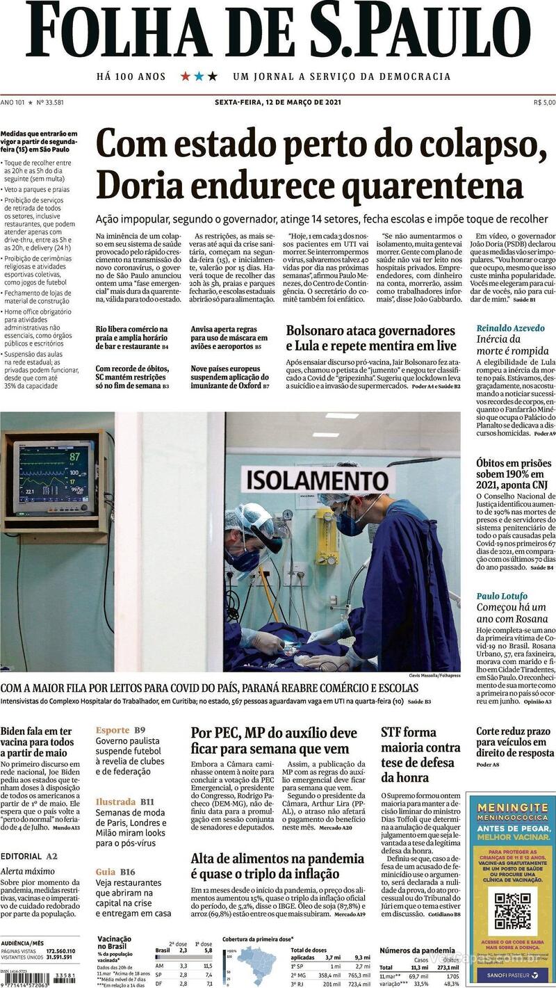 Capa do jornal Folha de S.Paulo 12/03/2021