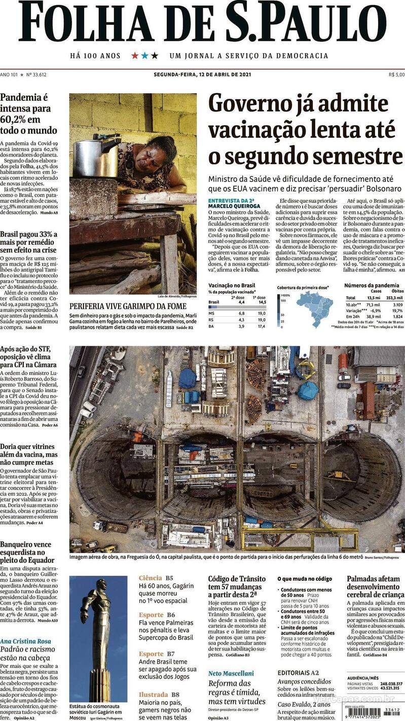 Capa do jornal Folha de S.Paulo 12/04/2021