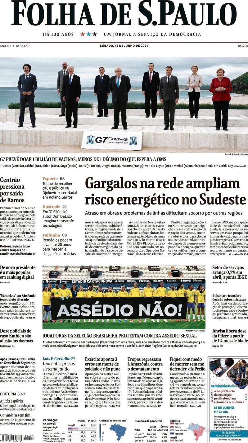 Capa do jornal Folha de S.Paulo 12/06/2021