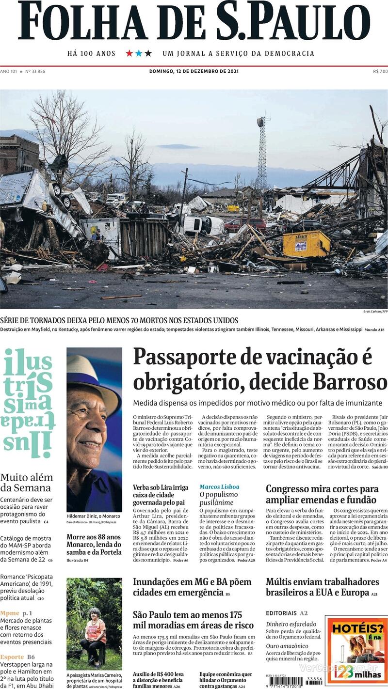 Capa do jornal Folha de S.Paulo 12/12/2021