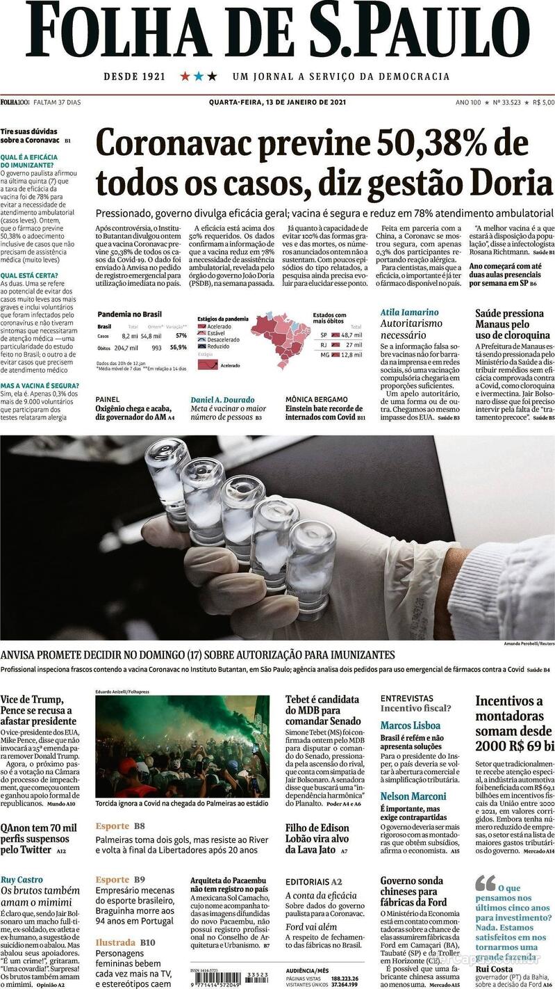 Capa do jornal Folha de S.Paulo 13/01/2021